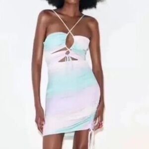 ZARA Tie Dye Rainbow Halter Mini Dress - Medium